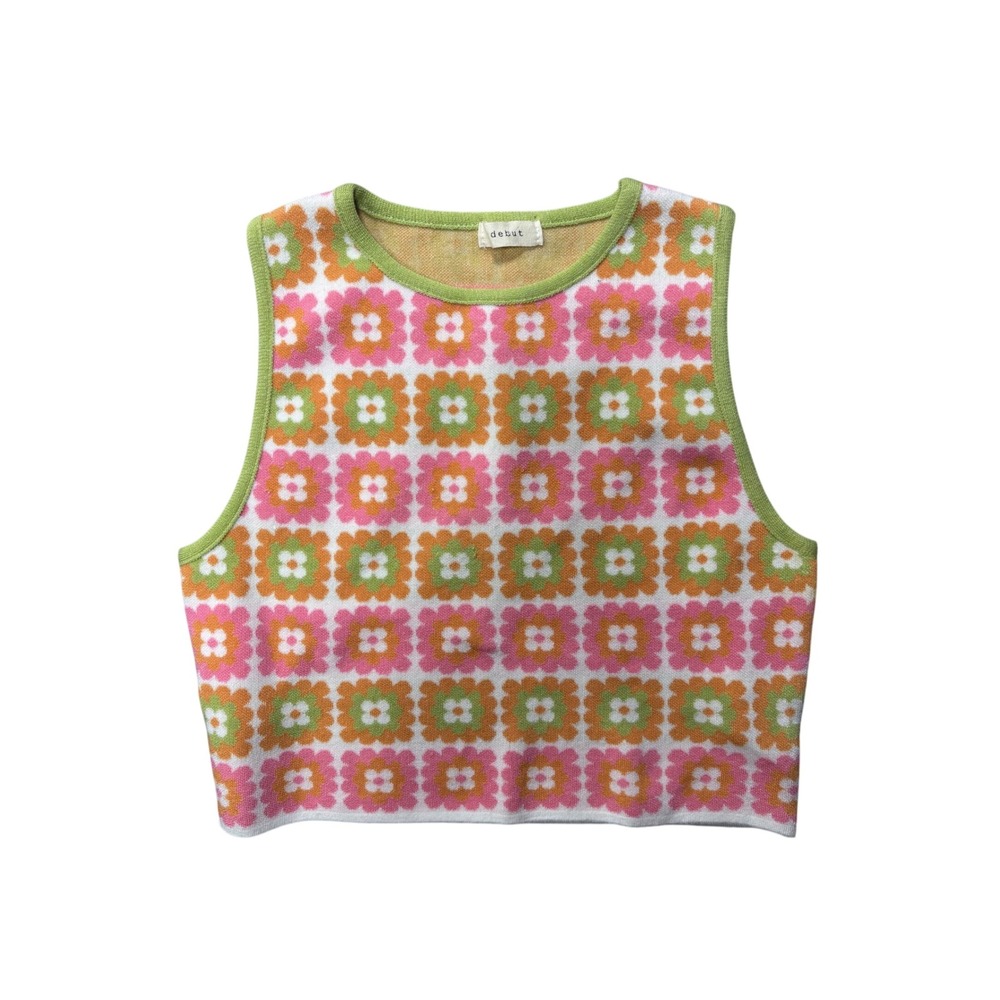 Debut Knit Crop Tank Top M/L Floral Pink Orange Green Retro Sleeveless